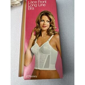 Vintage JC Penney Lace‎ Front White Corset Bustier Long Line Adonna Bra size 34B
